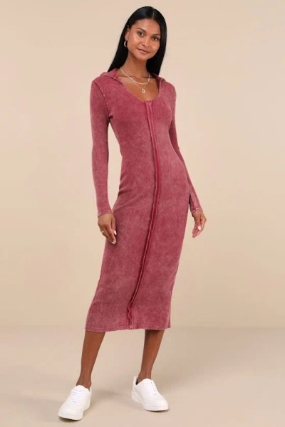 Lulus Effortlessly Pristine Washed Berry Ribbed Long Sleeve Midi Dress In Red