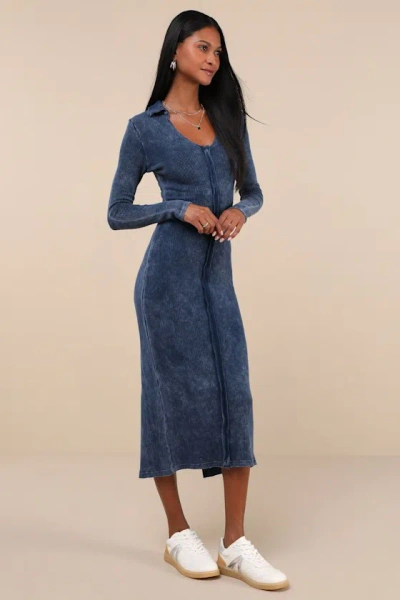Lulus Effortlessly Pristine Navy Washed Ribbed Long Sleeve Midi Dress