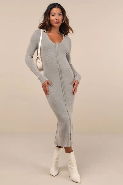 Lulus Effortlessly Pristine Washed Olive Ribbed Long Sleeve Midi Dress In Green