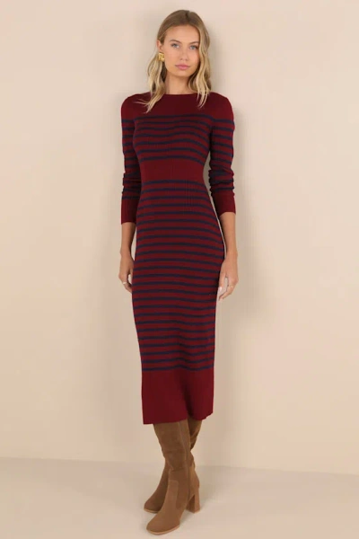 Lulus Effortlessly Ready Burgundy Striped Ribbed Midi Sweater Dress