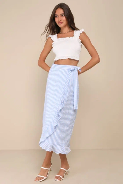 Lulus Effortlessly Sunny Blue And White Striped Wrap Midi Skirt