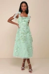 Lulus Effortlessly Sweet Sage Tulle 3d Floral Tie-strap Midi Dress In Green