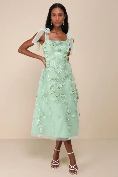 Lulus Effortlessly Sweet Sage Tulle 3d Floral Tie-strap Midi Dress In Green