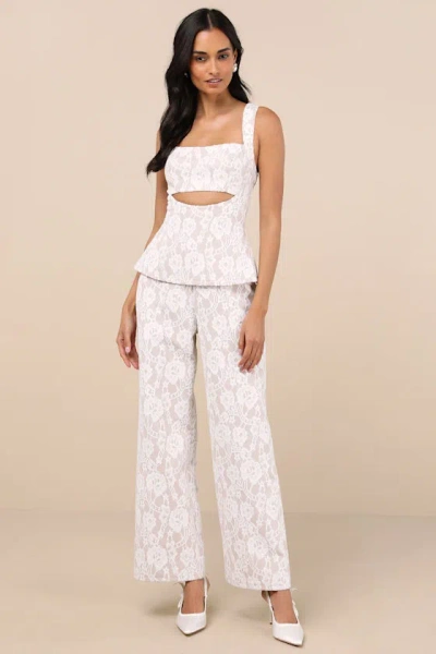 Lulus Eillis White And Beige Lace Cutout Sleeveless Jumpsuit