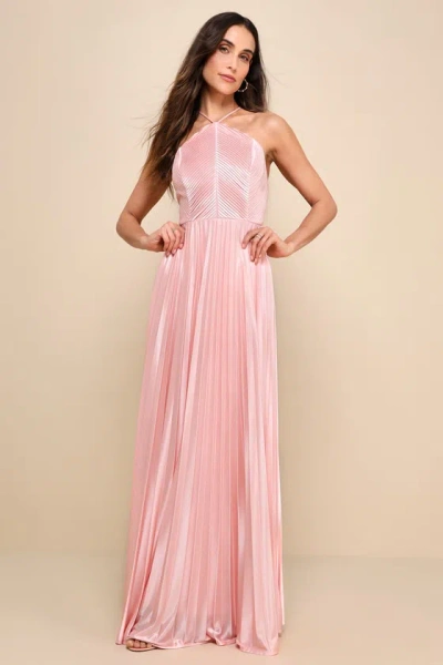 Lulus Elaborate Charm Light Pink Satin Pleated Backless Maxi Dress