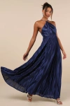 Lulus Elaborate Charm Navy Blue Satin Pleated Backless Maxi Dress In Navy Blue
