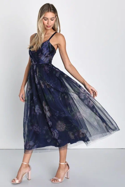 Lulus Elaborate Elegance Navy Floral Print Tulle Pleated Midi Dress