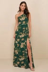 Lulus Elegant Admiration Emerald Green Floral One-shoulder Maxi Dress In Emerald Green