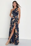 Lulus Elegant Admiration Navy Blue Floral One-shoulder Maxi Dress In Navy Blue