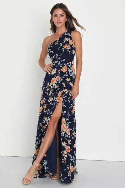 Lulus Elegant Admiration Navy Blue Floral One-shoulder Maxi Dress