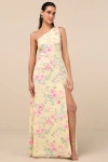 Lulus Elegant Admiration Pale Yellow Floral One-shoulder Maxi Dress In Yellow
