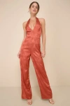 Lulus Elegant Aspect Rust Floral Jacquard Halter Wide-leg Jumpsuit In Red