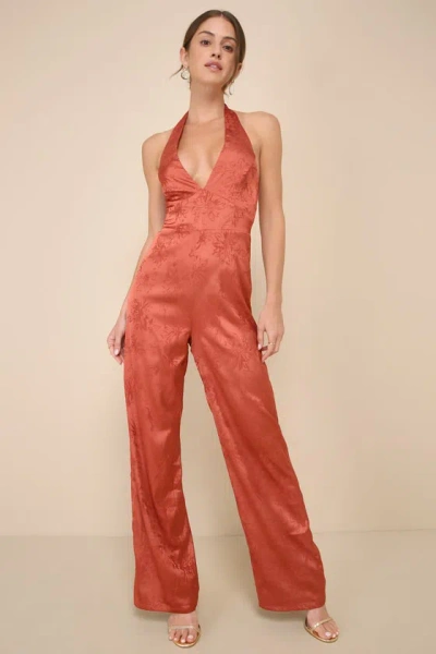 Lulus Elegant Aspect Rust Floral Jacquard Halter Wide-leg Jumpsuit In Red