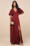 Lulus Elegant Confidence Red Satin Flutter Sleeve Cutout Maxi Dress In Red