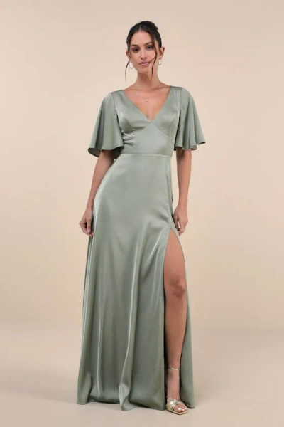 Lulus Elegant Confidence Sage Satin Flutter Sleeve Cutout Maxi Dress In Green