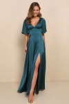 Lulus Elegant Confidence Teal Satin Flutter Sleeve Cutout Maxi Dress In Teal
