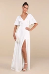 Lulus Elegant Confidence White Satin Flutter Sleeve Cutout Maxi Dress In White