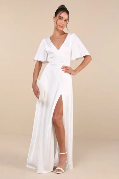 Lulus Elegant Confidence White Satin Flutter Sleeve Cutout Maxi Dress