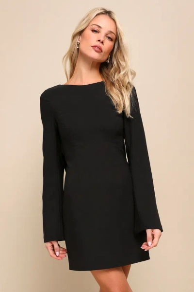 Lulus Elegant Cutie Black Bow Long Sleeve Backless Mini Dress