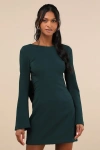 Lulus Elegant Cutie Emerald Bow Long Sleeve Backless Mini Dress In Green