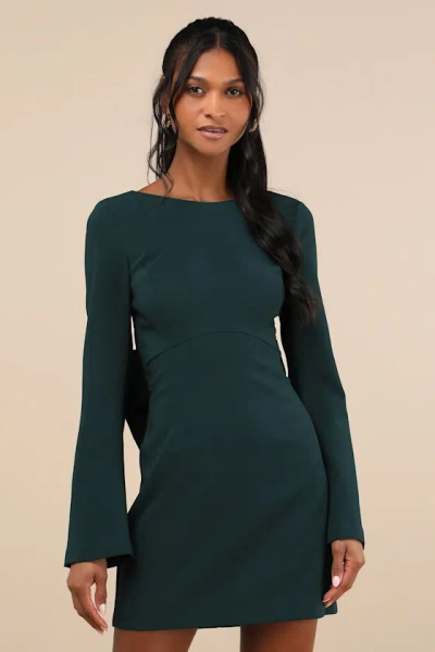 Lulus Elegant Cutie Emerald Bow Long Sleeve Backless Mini Dress In Green