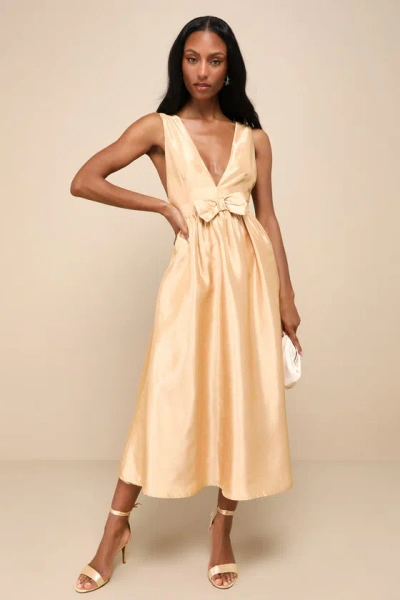 Lulus Elegant Destiny Gold Sleeveless Bow Midi Dress