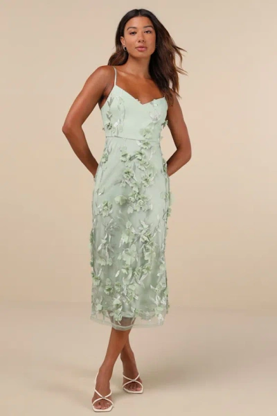 Lulus Elegant Direction Green Embroidered Ruffled Tie-strap Midi Dress