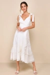 Lulus Elegant Direction Ivory Embroidered Ruffled Tie-strap Midi Dress In Ivory