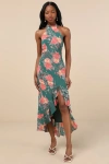 Lulus Elegant Entrance Teal Green Floral Print Halter Maxi Dress In Teal Green