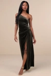 Lulus Elegant Era Olive Green Velvet One-shoulder Maxi Dress In Olive Green