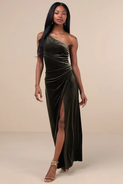 Lulus Elegant Era Olive Green Velvet One-shoulder Maxi Dress