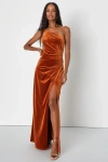 Lulus Elegant Era Rust Orange Velvet One-shoulder Maxi Dress In Rust Orange