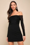 Lulus Elegant Eternity Black Mesh Ruched Off-the-shoulder Mini Dress In Black