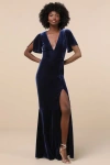 Lulus Elegant Evenings Navy Velvet Flutter Sleeve Trumpet Maxi Dress In Navy