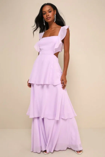 Lulus Elegant Event Lavender Ruffled Tie-back Tiered Maxi Dress In Purple