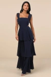 Lulus Elegant Event Navy Ruffled Tie-back Tiered Maxi Dress In Navy