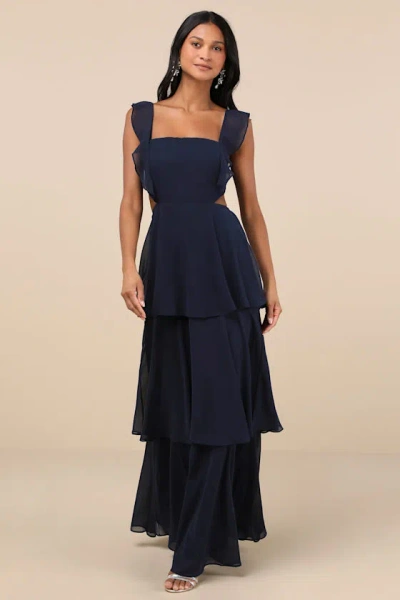 Lulus Elegant Event Navy Ruffled Tie-back Tiered Maxi Dress