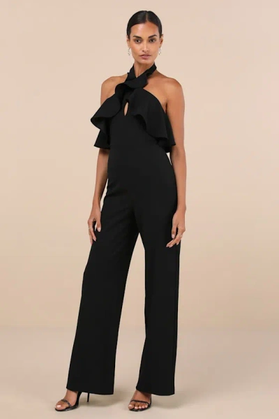 Lulus Elegant Flair Black Ruffled Wide-leg Halter Jumpsuit