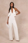 Lulus Elegant Flair White Ruffled Wide-leg Halter Jumpsuit In White