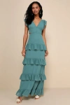 Lulus Elegant Mentality Teal Blue Ruffled Tiered Cutout Maxi Dress In Teal Blue