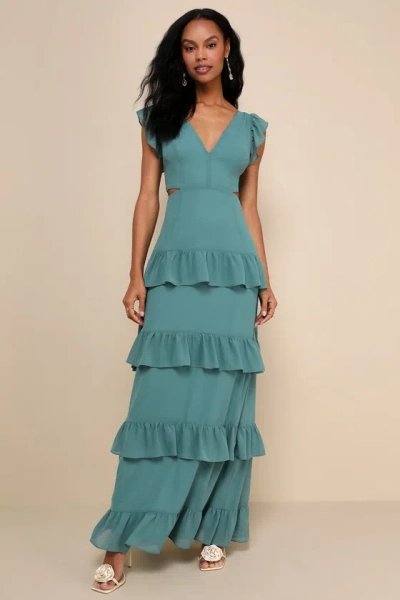 Lulus Elegant Mentality Teal Blue Ruffled Tiered Cutout Maxi Dress