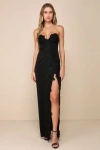 Lulus Elegant Mood Black 3d Floral Applique Strapless Maxi Dress In Black