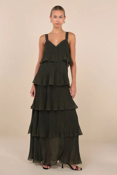 Lulus Elegant Nature Olive Green Pleated Sleeveless Tiered Maxi Dress