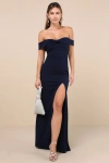 Lulus Elegant Perception Navy Blue Off-the-shoulder Bow Maxi Dress In Navy Blue