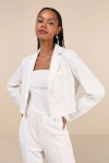 Lulus Elegant Pursuit Ivory Lace Collared Cropped Blazer In Ivory