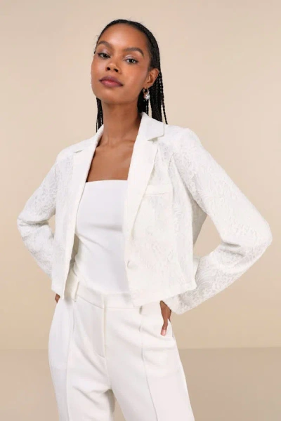 Lulus Elegant Pursuit Ivory Lace Collared Cropped Blazer