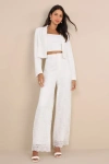 Lulus Elegant Pursuit Ivory Lace High Rise Wide-leg Trouser Pants In Ivory