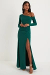 Lulus Elegant Sensation Emerald Green Asymmetrical Pleated Maxi Dress In Emerald Green