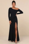 Lulus Elegant Sensation Navy Blue Asymmetrical Pleated Maxi Dress In Navy Blue