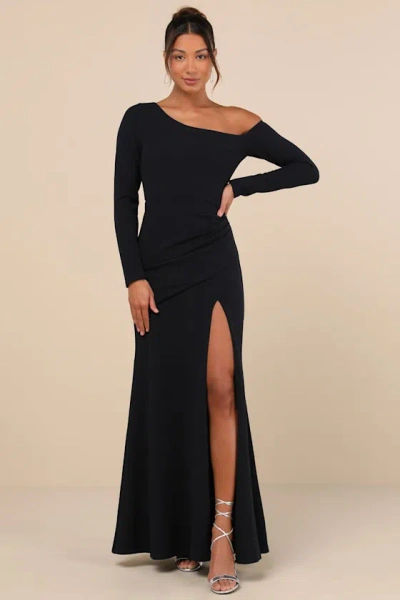 Lulus Elegant Sensation Navy Blue Asymmetrical Pleated Maxi Dress